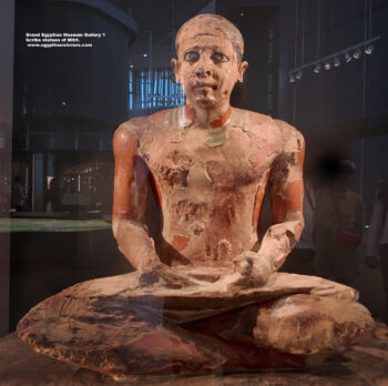 101-Dynasty-5-6,-plaster,-wood,-Ancient-Egypt,-History-Pharaohs,-Grand-Egyptian-Museum,-Saqqara,-Scribe-statues-of-Mitri,-Boundary-official-and-priest-of-Goddess-Maat