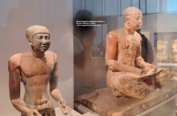 101_2-Dynasty-5-6,-plaster,-wood,-Ancient-Egypt,-History-Pharaohs,-Grand-Egyptian-Museum,-Saqqara,-Scribe-statues-of-Mitri,-Boundary-official-and-priest-of-Goddess-Maat