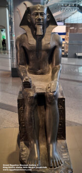118-dynasty-4,-Gneiss-stone,-giza,-Ancient-Egypt,-History-Pharaohs,-Grand-Egyptian-Museum,-King-khafre-statue-With-Nemes-Headcloth,-ureaus-snake,-royal-beard-and-pleated-kilt
