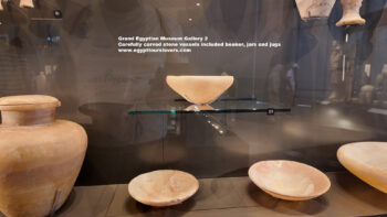 150-Dynasty-4,-Egyptian-alabaster,-giza,-Carefully-carved-stone-vessels-included-beaker,-jars,-Ancient-Egypt,-History-Pharaohs,-Grand-Egyptian-Museum