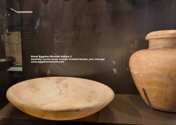 150_2-Dynasty-4,-Egyptian-alabaster,-giza,-Carefully-carved-stone-vessels-included-beaker,-jars,-Ancient-Egypt,-History-Pharaohs,-Grand-Egyptian-Museum