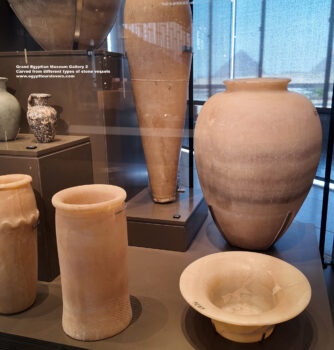 156_1-Dynasty-1-2,-Egyptian-alabaster,-greywacke,-breccia,-diorite,-basalt,-Saqqara,-Carved-from-different-types-of-stone-vessels,-Ancient-Egypt,-History-Pharaohs,-Grand-Egyptian-Museum