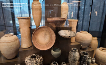 157-Dynasty-1-2,-Egyptian-alabaster,-Saqqara,-Ancient-Egypt,-History-Pharaohs,-Grand-Egyptian-Museum,-A-large-plate-is-inscribed-flate-with-inked-sign-showing-the-name-of-an-Official-Ahaka