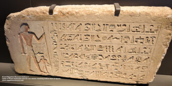 174-Dynasty-6,-limestone,-abusir,-Lintel-of-Priest-Kahesuef-and-his-son-shown-standing-before-lines-of-Spells,-Ancient-Egypt,-History-Pharaohs,-Grand-Egyptian-Museum