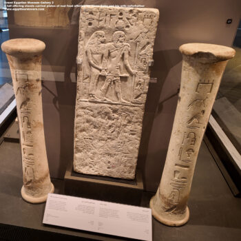 175-Dynasty-4,-limestone,-Saqqara,-tall-offering-stands-carried-plates-of-real-food-offering-for-Vizier-Setju-and-his-wife-neferhathor,-Ancient-Egypt,-History-Pharaohs,-Grand-Egyptian-Museum