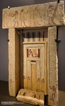 221-first-intermediate-period,-limestone,-Saqqara,-Ancient-Egypt,-History-Pharaohs,-Grand-Egyptian-Museum,-Priest-Sheduai’s-offering-table-and-false-door-stela-were-displayed