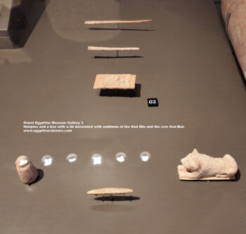 256-dynasty-1,-ivory,-abu-rawash,-Hairpins-and-a-box-with-a-lid-decorated-with-emblems-of-the-God-Min-and-the-cow-God-Bat,-Ancient-Egypt,-History-Pharaohs,-Grand-Egyptian-Museum