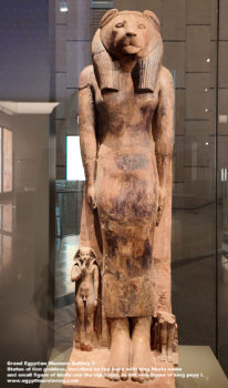 264-dynasty-4-6,-pottery,-Saqqara,-Ancient-Egypt,-History-Pharaohs,-Grand-Egyptian-Museum,-Statue-of-lion-goddess,-inscribed-on-the-back-with-king-khufu,-king-pepy-I