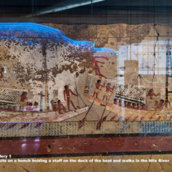 38-Dynasty-6,-Plaster,-Mudbricks,-Dahshur,-The-priest-Senferuinishetef-sits-on-a-bench-holding-a-staff,-Ancient-Egypt,-History-Pharaohs,-Grand-Egyptian-Museum,-walks-in-the-Nile-River,-monkey-playing