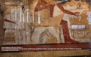 42-Dynasty-6,-Ancient-Egypt,-History-Pharaohs,-Grand-Egyptian-Museum,-Plaster,-Mudbricks,-Dahshur,-priest-Senferuinishetef-eats-his-duck-amidst-large-quantities-of-food,-under-chair-is-the-monkey