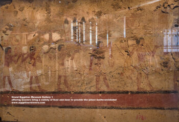 45-Dynasty-6,-Ancient-Egypt,-History-Pharaohs,-Grand-Egyptian-Museum,-Plaster,-Mudbricks,-Dahshur,-offering-bearers-bring-a-variety-of-food-and-beer-to-provide-the-priest-Senferuinishetef