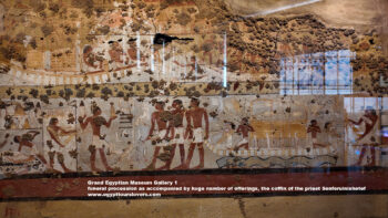 46-Dynasty-6,-Ancient-Egypt,-History-Pharaohs,-Grand-Egyptian-Museum,-Plaster,-Dahshur,-funeral-procession-as-accompanied-number-of-offerings,-coffin-of-the-priest-Senferuinishetef