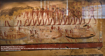 47-Dynasty-6,-Ancient-Egypt,-History-Pharaohs,-Grand-Egyptian-Museum,-Plaster,-Dahshur,-priest-Senferuinishetef-sits-on-a-chair-with-a-canopy-held-by-several-servants,-surrounded-by-fan-bearers