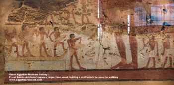 49-Dynasty-6,-Ancient-Egypt,-History-Pharaohs,-Grand-Egyptian-Museum,-Plaster,-Dahshur,-priest-Senferuinishetef-appears-larger-than-usual,-holding-a-staff-which-he-uses-for-walking
