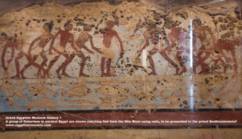 50-Dynasty-6,-Ancient-Egypt,-History-Pharaohs,-Grand-Egyptian-Museum,-Plaster,-Dahshur,-A-group-of-fishermen-are-shown-catching-fish-from-the-Nile-River-using-nets,-priest-Senferuinishetef