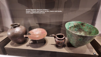 74-Dynasty-1,-wood,-Saqqara,-Copper-vessels-and-ingots-as-jars,-ewers-and-bowls,-Ancient-Egypt,-History-Pharaohs,-Grand-Egyptian-Museum