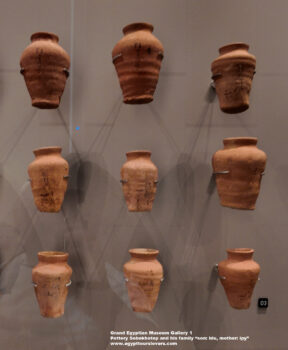 82-Dynasty-6,-Ancient-Egypt,-History-Pharaohs,-Grand-Egyptian-Museum,-pottery,-qubbet-el-hawa-aswan,-Sobekhotep-and-his-family,-fruits-and-cereals-offered-to-his-mother