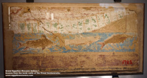 Grand Egyptian Museum Gallery 1, Scenes from the tomb walls of the Priest Seshemnefer, Dynasty 6, Mud bricks, plaster, Tombs in Dahshur, Crocodiles and enormous Fish fishing trips in ancient egypt 2027