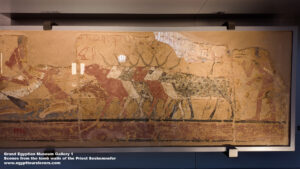 Grand Egyptian Museum Gallery 1, Scenes from the tomb walls of the Priest Seshemnefer, Dynasty 6, Mud bricks, plaster, Tombs in Dahshur, Crocodiles and enormous Fish fishing trips in ancient egypt